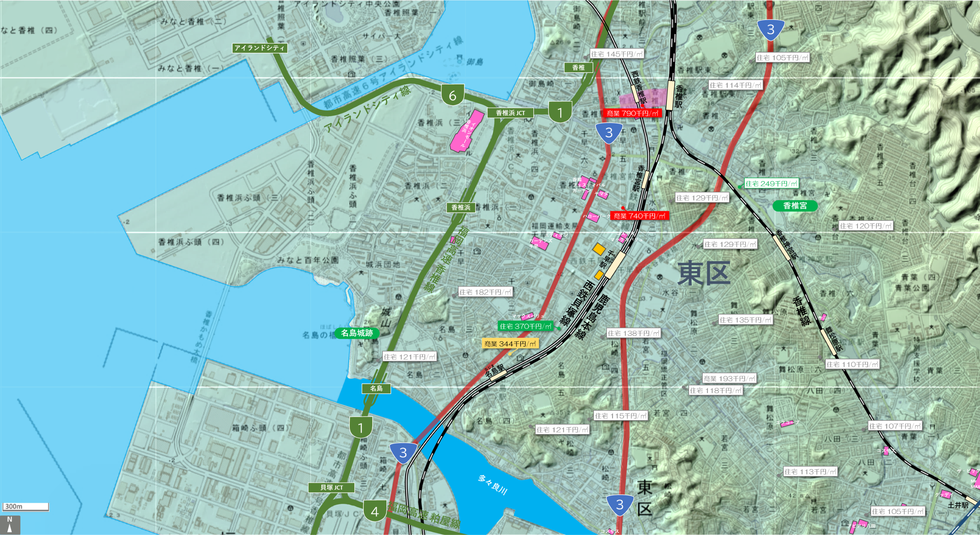 福岡香椎のカタチ図 繁華街・ビジネス地区などを要約した地図