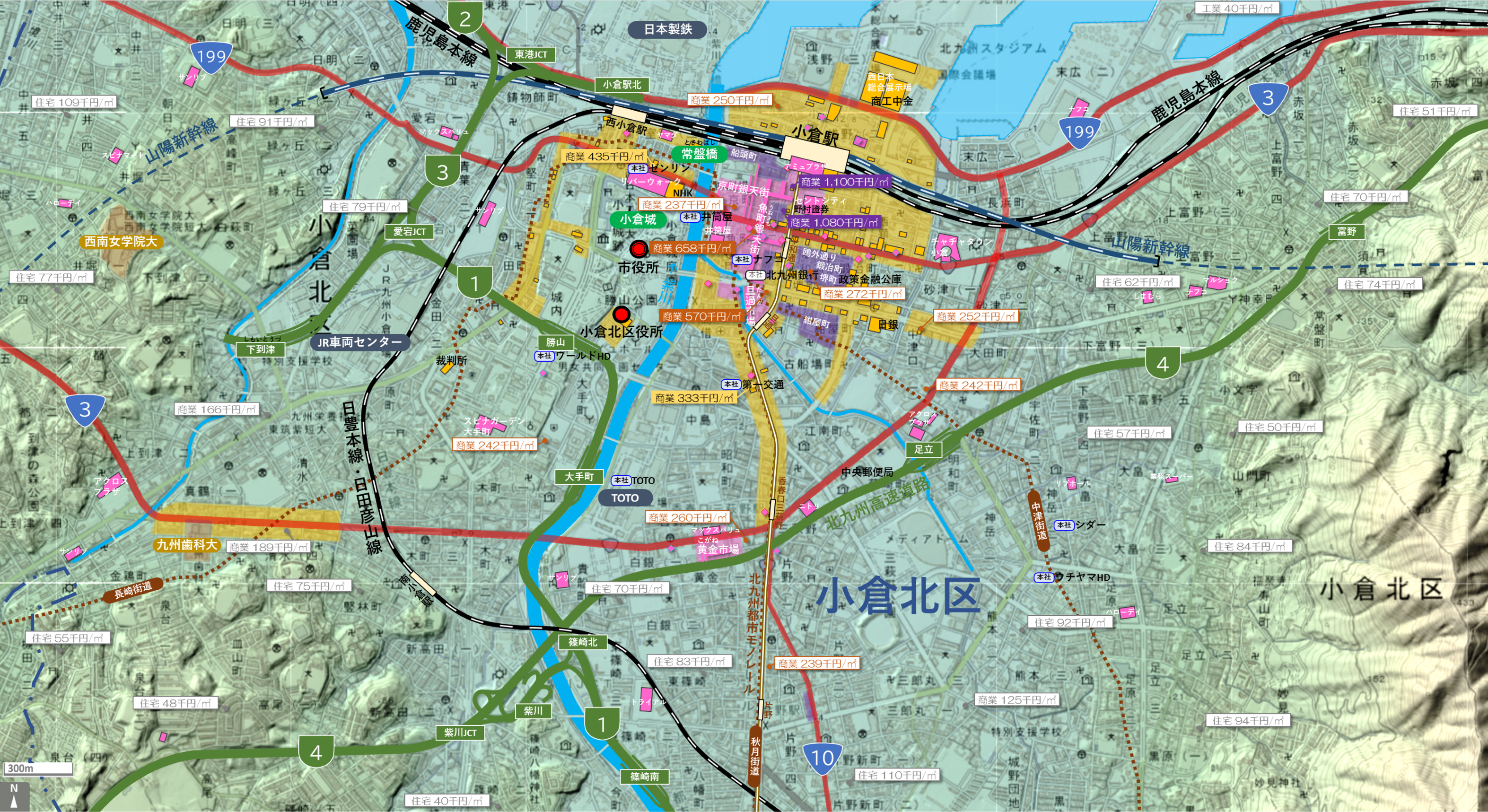 北九州中心部のカタチ図 繁華街・ビジネス地区などを要約した地図